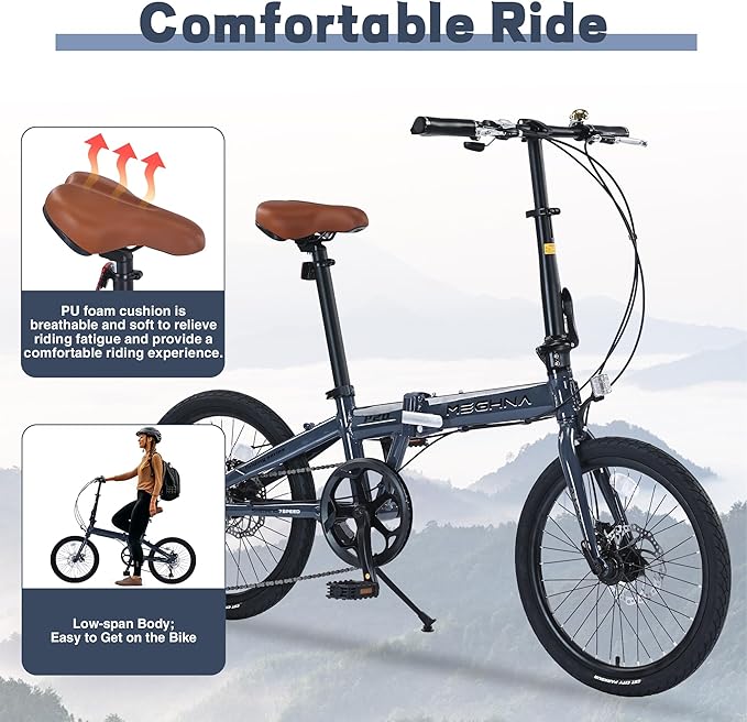 20 Inch Folding Bike with 7-Speed Shifter，Heavy Duty Folding Bike Up to 330LBS-Lightweight Aluminum Alloy Frame，Folding Commuter Bike for Women/Men/Adult/Youth,Adjustable Stem，3 Colors