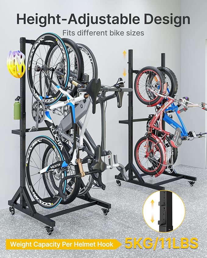 monTEK Freestanding Bike Storage Rack for 3 Bikes, Heavy Duty 210LBS Vertical Bike Stand with 3 Bike Hooks & 4 Helmet Hooks, Indoor and Outdoor Bike Storage Rack with Locking Casters