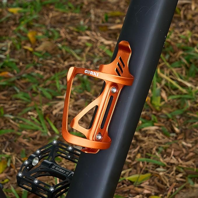Corki Cycles Left Side Load Water Bottle Cage, Side Entry Bike Water Bottle Holder for Road & Mountain Bikes -2 Pack-Orange-Aluminum Alloy