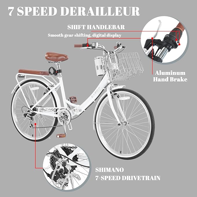 24/26 Inch Beach Cruiser Bike for Women Folding Bikes, 7-Speed Womens Bike with Basket and Coffee Cup, Womens Foldable Bicycle Commuter Bikes for Adults, Adjustable Seat & Dual V-Type Brakes