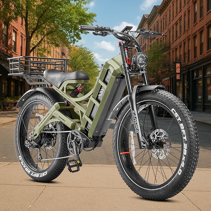 eAhora 2025 Romeo Pro Electric Bike for Adults 1600W Motor Electric Bicycle 29-34MPH 48V 60Ah 100-200Miles Long Range 26 * 4.0 Fat Tire Full Suspension Electric Mountain Bike with Rack+Basket Green