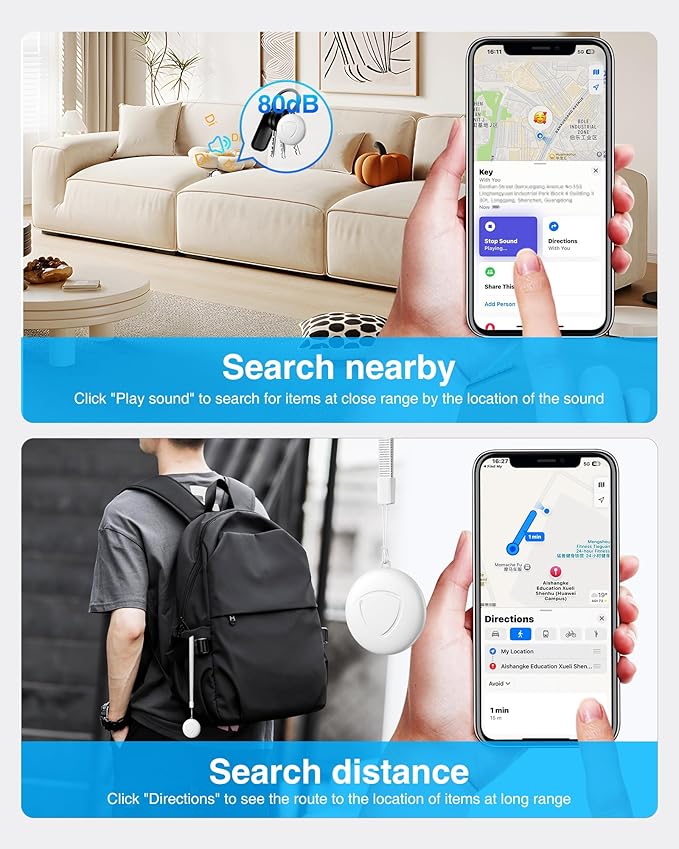 Air Smart Tracker Tags-4 Pack - GPS Tracker Bluetooth Key Finder Compatible with Apple Find My (iOS Only), 80dB Loud Beep for Bike, Wallets, Luggages, Bags,Replaceable Battery