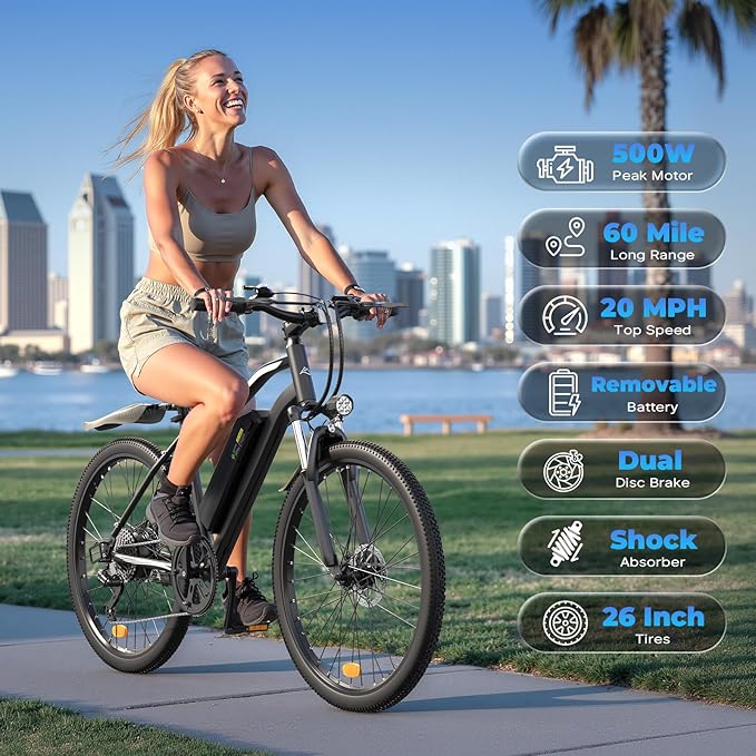 Electric Bike - 750W Peak Motor Electric Bicycle, 20MPH, 60 Miles, Removable Battery, Shock Absorber, 5 Speed E Bike, 26” Tire Commuter Electric Bicycle for Adults