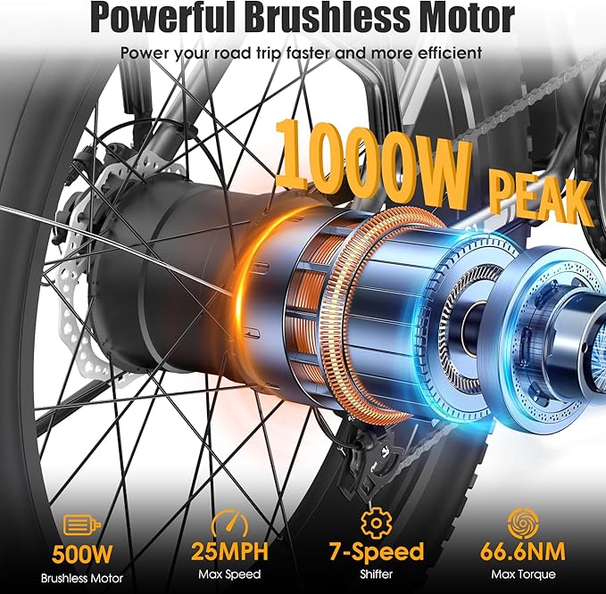 Electric Bike for Adults, 1000W Peak 25MPH 60Miles Ebike,48V 13AH Battery Electric Mountain Bike, 26" x 4'' Fat Tire Electric Bicycle with Rear Rack, Fenders, 7 Speed, UL 2849 Certified