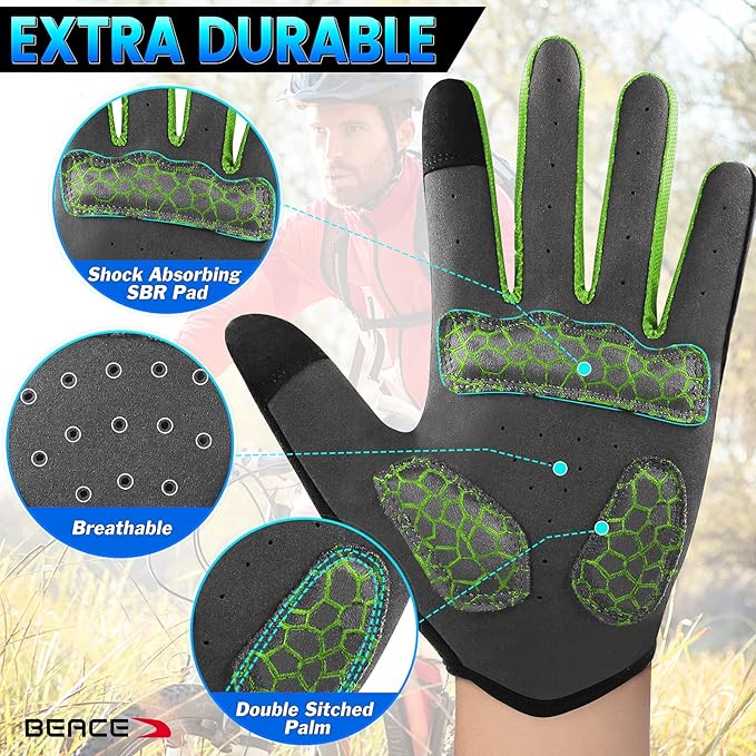 BEACE Cycling Gloves for Men Women - Full Finger Mountain Bike Gloves With Touch Screen and Anti-Slip Silicone Palm - Workout and Road Bicycle Gloves