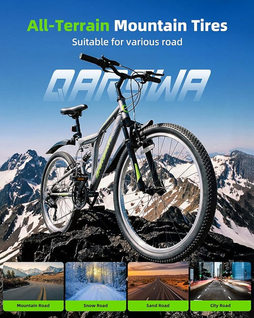 24 Inch Mountain Bike for Men & Women, 21-Speed Full Suspension MTB, High-Carbon Steel Frame, Quick Release Front Wheel, Dual Fenders, Easy Assembly, Trail & Commuter Bicycle