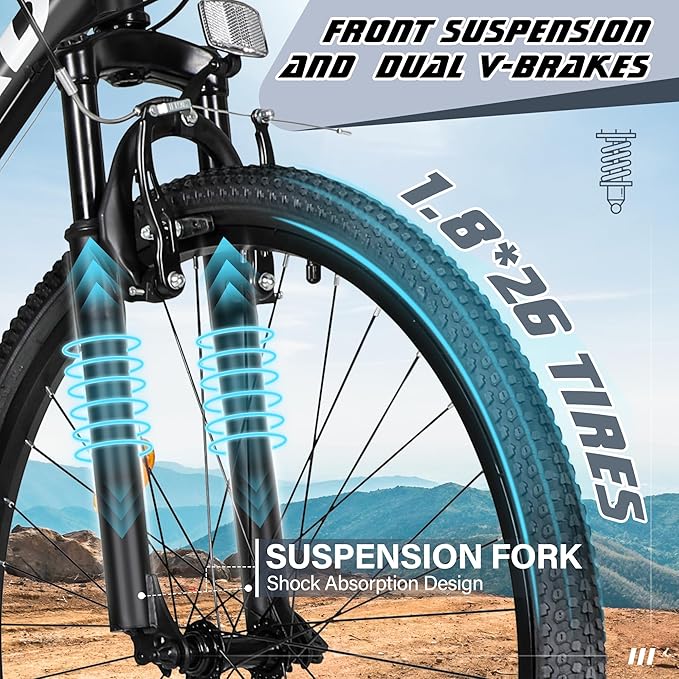Betterland 26 Inch Mountain Bike, 7-Speed Adult Bike with Dual V Brakes, Outdoor Cycling Bike with High Carbon Steel Frame and Front Suspension, Adjustable Ergonomic Seat for Bicycle