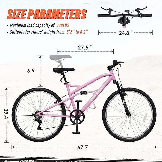 26 inch 7-Speed Commuter Bicycle,Hybrid Bicycle,Men's Cruiser Bike/Mountain Bike V Brake,Metal Frame, Adult Bike (Black, White, Blue, Green, Purple, Pink)