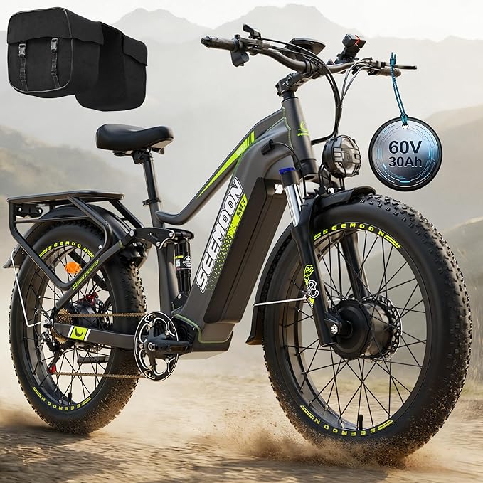 Seemoon 6000W Dual Motor Ebike Up to 120 Miles Long Range with 60V 30Ah 1800Wh Removable Battery for Adults,Max Speed 45MPH,24" Fat Tire All Terrain Electric Bike with Throttle Lock for Men Women SM3