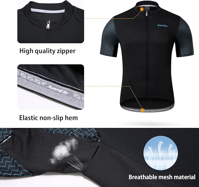 Santic Men's Cycling Jersey Short Sleeve Tops Pro Road Bike Shirt Full Zipper UPF 50+ MTB Jersey with Pockets
