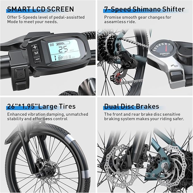 Electric Bike 24" / 26", 22Mph Speed & & Peak 750W Motor, 360Wh Lithium Battery & 7-Speed Gear, Max Range 40+ Miles(Pedal-Assist), Electric Mountain Bicycle for Adults Women Men