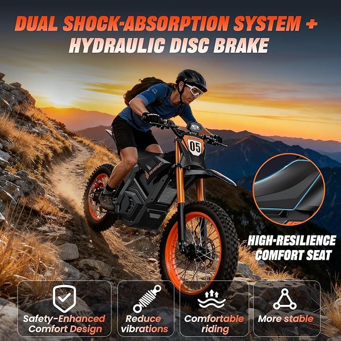 Electric Dirt Bike for Teens Adults, 3500W Peak Mid-Drive Motor with 48V/23AH Battery Ebike, 53-Mile Range, 38mph Speeds with Hydraulic Brakes & Dual Shock Absorption