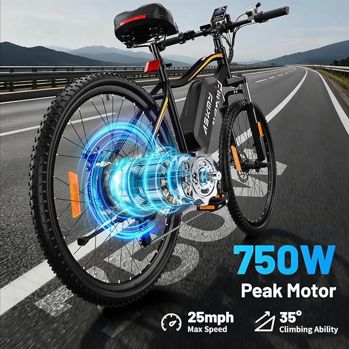 Electric Mountain Bike for Adults 750W Peak Motor, 26 Inch E-Bike with 48V 480Wh Removable Battery, Commuter Electric Bicycle with 25MPH and 40-50 Miles PAS Range, 7-Speed, Front Fork Suspension