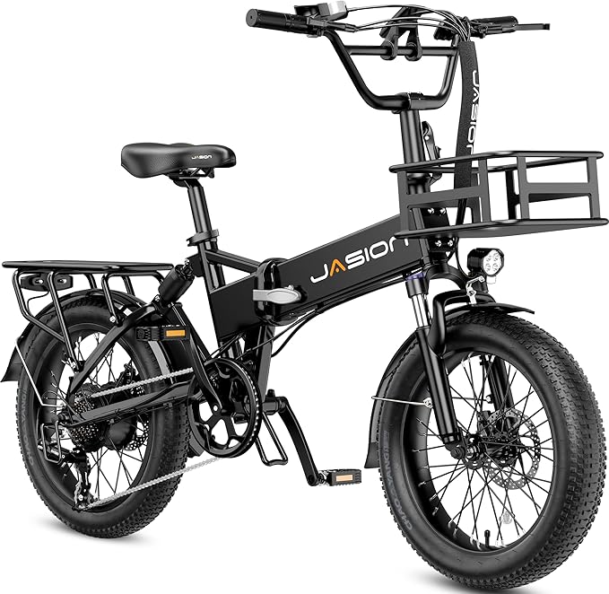 Jasion EB7 2.0 Adult Electric Bicycles, 28MPH Folding Electric Bike,1200W Peak Motor, 480WH Battery 55Miles Commute Ebikes for Adults,Shock Absorber,20" Fat Tire for City,Beach,Snow,Mountain