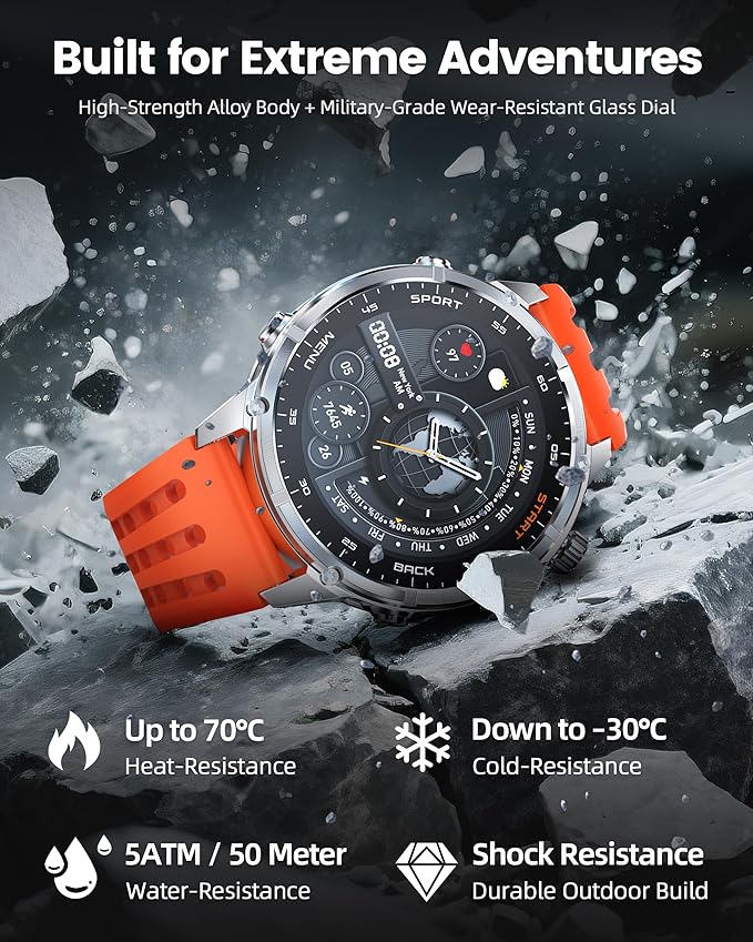 WalkerFit GPS Smart Watch for Men, Multi-Satellite Positioning, Full Metal Body, 520mAh Long Battery Life, 5ATM Waterproof with Bluetooth Call, 1.43” AMOLED Screen, for iPhone/Android, Orange
