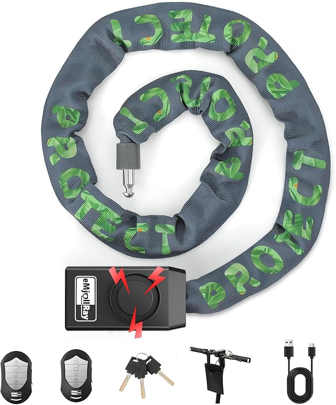 Anti-Theft Bike Alarm Chain Lock,Bike Lock 110dB Security 8mm x 4ft Chain Lock with Key & Remote Control Heavy Duty Steel Rechargeable E-Bike Scooter Bike Lock (Storage Bag Included) (Green)