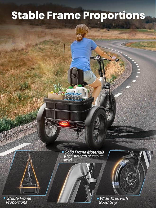 Electric Trike for Adult with 48V 17.4AH Cells Battery, 60 Miles Range, 960W Peak Motor, Pickup Class 500 LB Load Electric Tricycle with 20" Fat Tire and Large Basket for City and Mountain Road, Husky