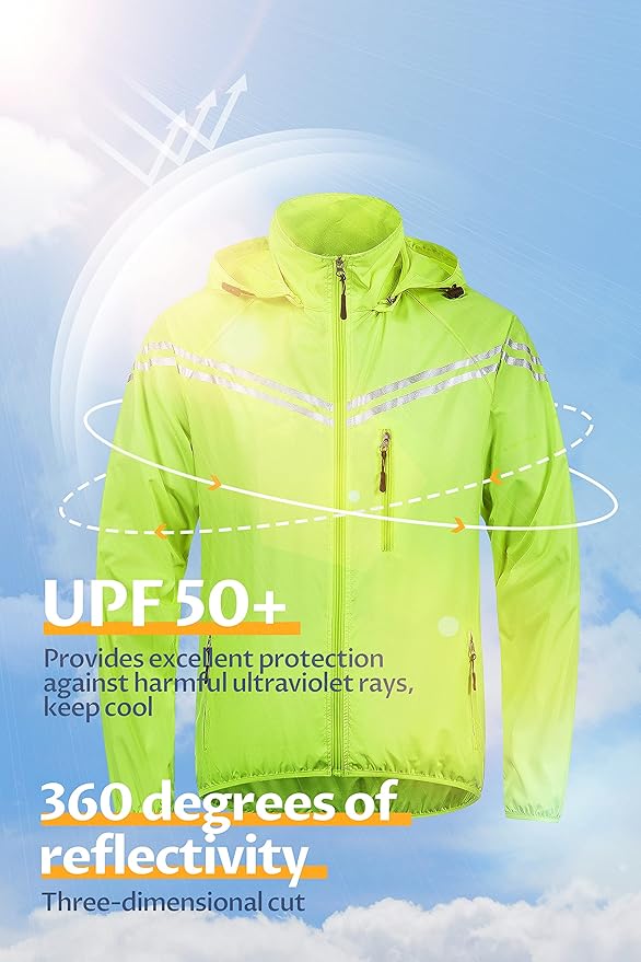 CREATMO US Men's Packable Waterproof Running Rain Coats Reflective Cycling Jacket Windbreaker With Removable Hood