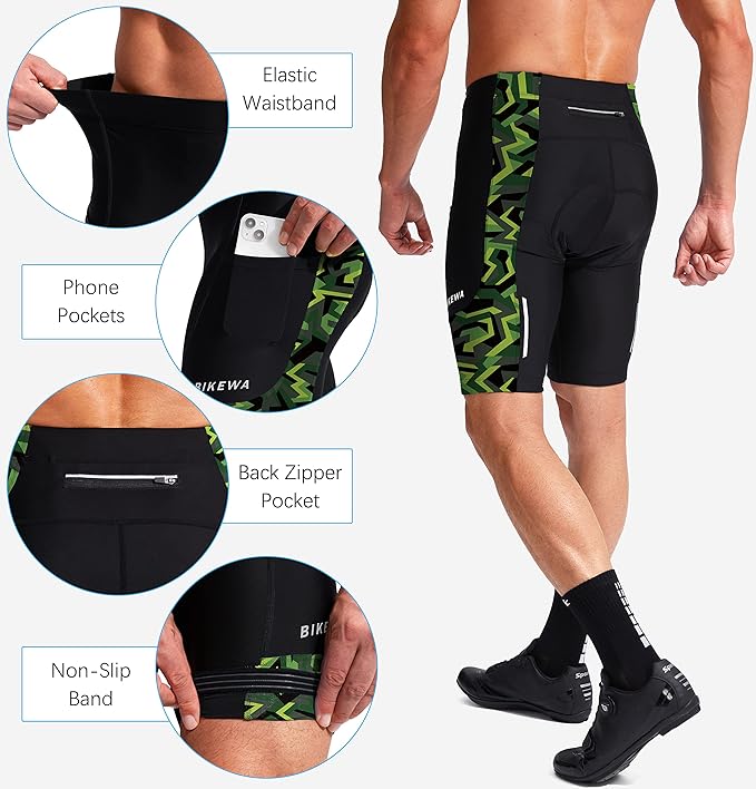 Bikewa Men's Bike Shorts 3D Padded Cycling Road Biking Mountain Riding Biker Bicycle UPF 50+ Cycle Shorts Zipper Pockets