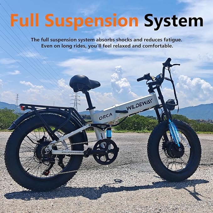 Wildeway Dual Motor 20" Fat Tire Electric Bike 2300W 20Ah Removable Battery 28 MPH Folding Ebike Off Road Mountain Full Suspension Long Range Foldable Electric Bicycle for Adults Men 2 Seat