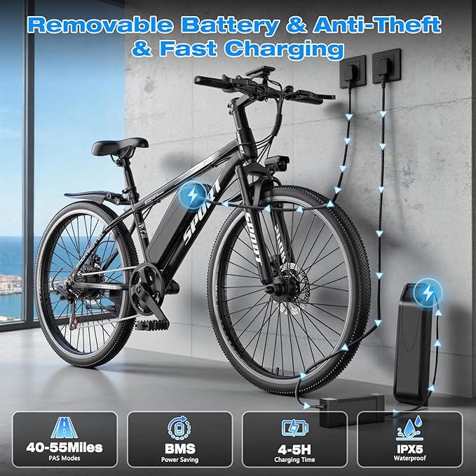 Electric Bike for Adults, 1500W Peak Motor, Up to 25 MPH, 65 Miles PAS Range, 48V 10Ah Removable Battery, Advanced Front Suspension, 7 Speeds, Compact Electric Mountain Bicycle, 26" Commuting Ebike