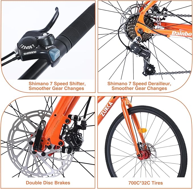 700C Road Hybrid Bike City Commuter Bicycle with 7 Speed/Front and Rear Disc Brakes/Steel Frame for Men Women Adult Available in A Variety of Colors