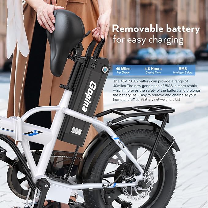 Vivi Gopina Electric Bike, 16" x 3.0 Fat Tire Electric Bike, Peak 500W Step Thru Electric Bicycle, 48V Removable Battery, Up to 40 Miles, LCD Display, 20mph, 7 Speed, SGS Certified to UL2849