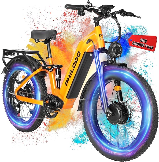 PHILODO Electric-Bike for Adults, Dual-Motor-Ebike Hunting-Ebike 5000W, 60V 32AH Long Range Dirtbike, Fat-Tire-Electric-Bicycle, Full Suspension for Off-Road Snow Sand