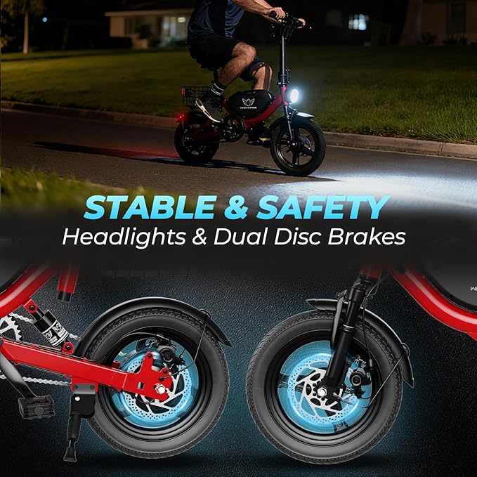 Electric Bike with Basket, 14" Folding Ebike 22 MPH, 35 Miles Range, Dual Suspension, 715W Peak Brushless Motor with 30° Uphill, Adjustable Seat, Commuter Electric Bicycle for Adults 330LBS Load