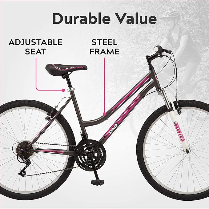 Pacific Mountain Sport Bike, 24 or 26 inch Mountain Bike for Youth and Adults, 18 Speed, Steel Frame, Knobby Tires, Front Suspension Fork, Twist Shifters, Linear Pull Brakes, Youth and Adult Bicycle