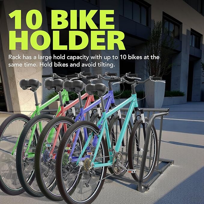 Pearington 10-Bike Floor Rack, Heavy-Duty Dual-Sided Steel Bicycle Storage Stand, Holds 10 Bikes, 59" Wide, Freestanding Organizer for Garages, Events, Streets, and Yards