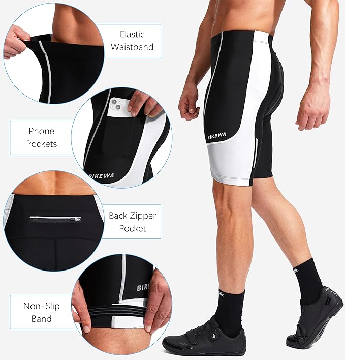 Bikewa Men's Bike Shorts 3D Padded Cycling Road Biking Mountain Riding Biker Bicycle UPF 50+ Cycle Shorts Zipper Pockets