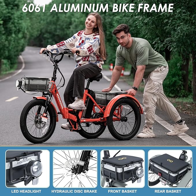 MOONCOOL Folding Electric Tricycle for Adults, 48V 500W 3 Wheels Electric Trike, Aluminum Frame 750W Electric Tricycle Adult Bicycle with Removable Battery, Front and Back Bags