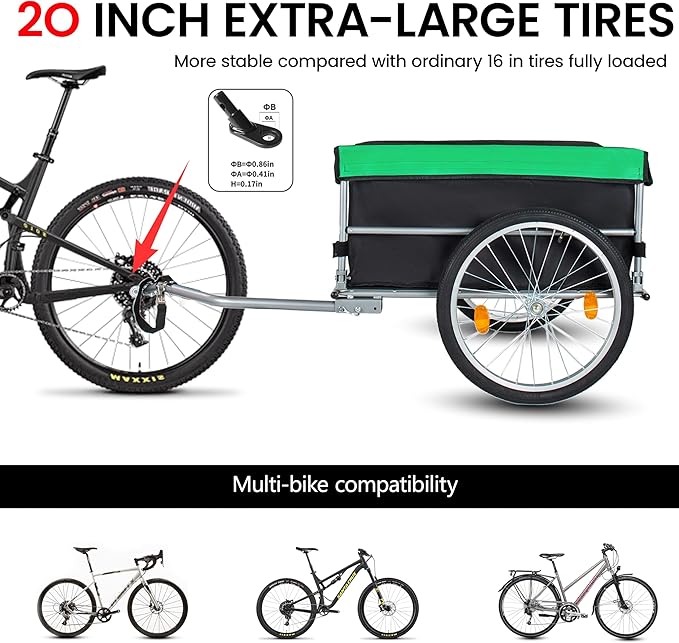 Aluminum Bicycle Trailer, Foldable Bike Cargo Trailer with Universal Hitch, 20'' Wheels, Removable Cover, Folding Frame Quick Release, Ebike Trailers for Camping, Groceries, 120 LBS Capacity, Green