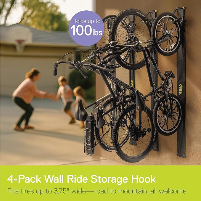 Delta Wall Ride Bike Rack Wall Mount with Tire Wall Guard (4-Pack) Cycle – Vertical Bike Mount Holds Up to 100 lbs – Fully Adjustable Vertical Hook Design Provides Easy Bicycle Storage