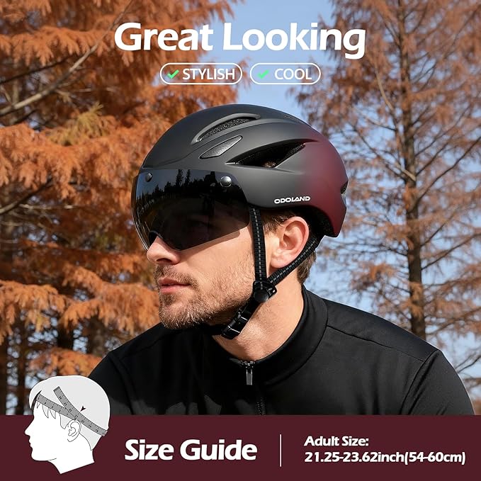 Odoland Bike Helmet with Magnetic Sun Visor for Adults, Glasses-Friendly Design Adjustable Dial Cycling Helmet for Men & Women, Urban Riding Bicycle Helmet for Mountain, Road, E-Bike, Commuting