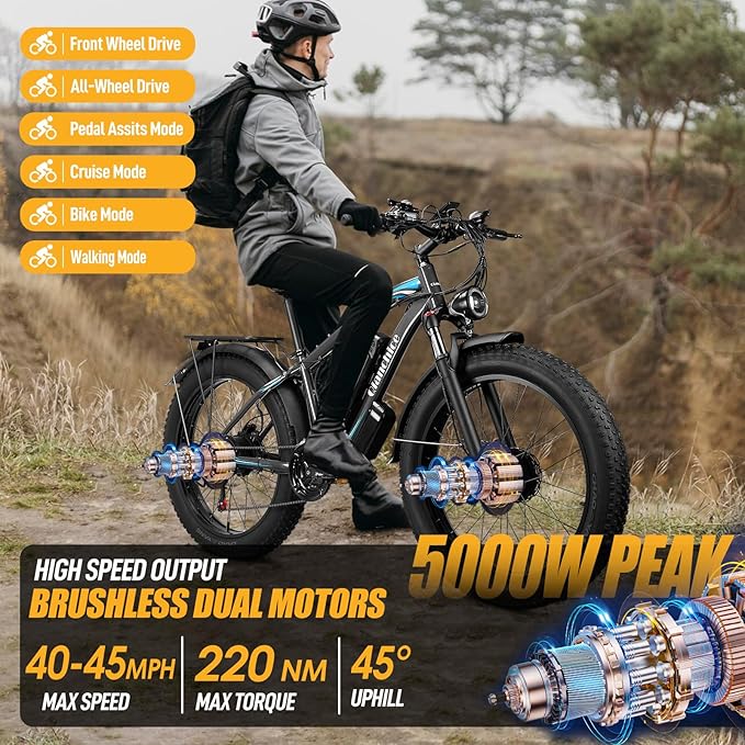 Qianchice Dual Motor Electric Bike for Adults-5000W Peak, 52V 36AH Battery, 40-45MPH 100 Miles Long Range Ebike, Fat Tire 26*4.0Inch, 21-Speed Hydraulic Brake, Electric Bicycles for Mountain Commuter