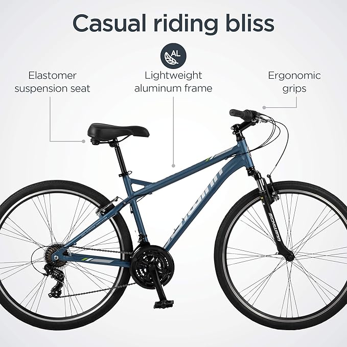 Schwinn Network 3.5 Hybrid Bike, 700c Mens and Womens Bike, 21-Speed Hybrid Bicycle, Aluminum Frame, Suspension Seat, Alloy Linear Pull Brakes, Adult Bicycle