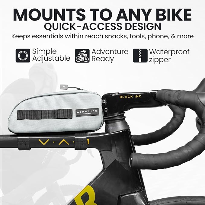 ALMSTHRE Top Tube Bag 8'' x 2'' x 3'' | Waterproof, Secure & Stable – Universal Bike Storage with Versatile Mounting – Fits Essentials | Adventure-Ready Cycling Gear