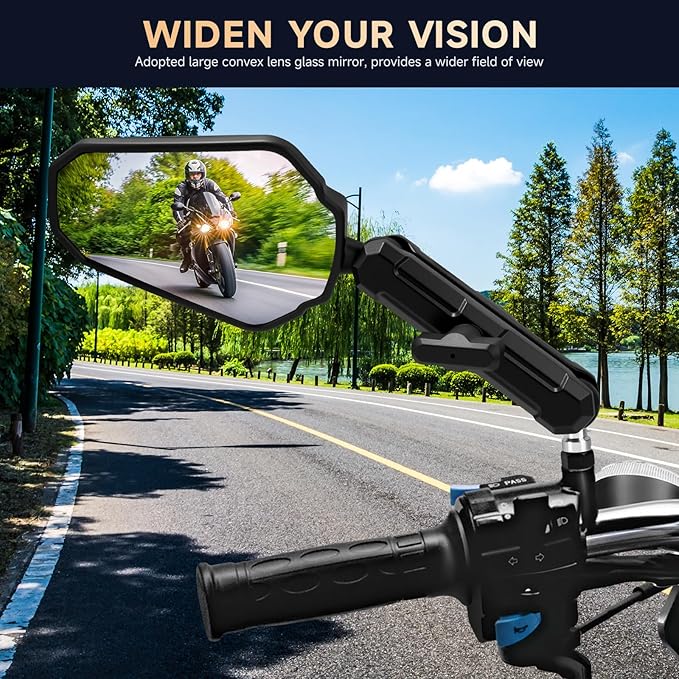 Adventure Motorcycle Mirrors - M8 M10 Black Foldable ATV Rear View Mirror, 7/8" Handlebar Side Mirrors, 360 Adjustable Ball-Head Compatible with Street Dirt Bike ATV Off-road Scooter Snowmobile