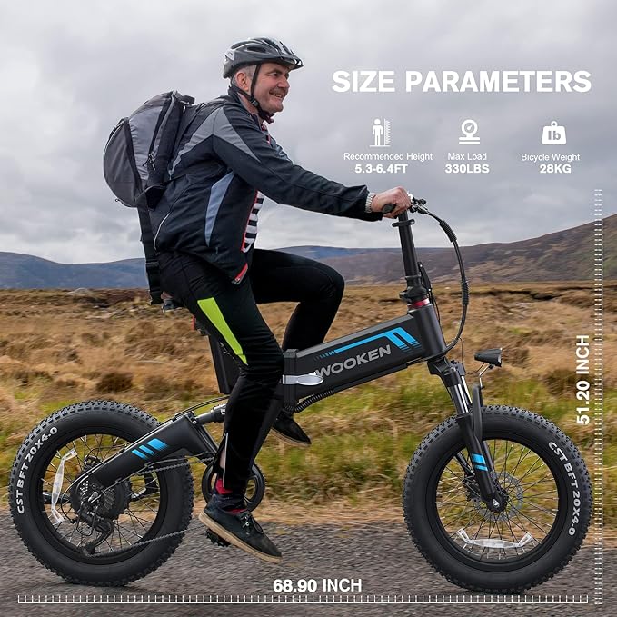 Wooken Electric Bike, 20''X4.0 Fat Tire Electric Bike for Adults,500W(Peak 750W) Foldable Electric Bike with 48V 10Ah Battery,Professional 7 Speed,Shock Absorber, 20MPH Ebike for Mountain Beach Snow