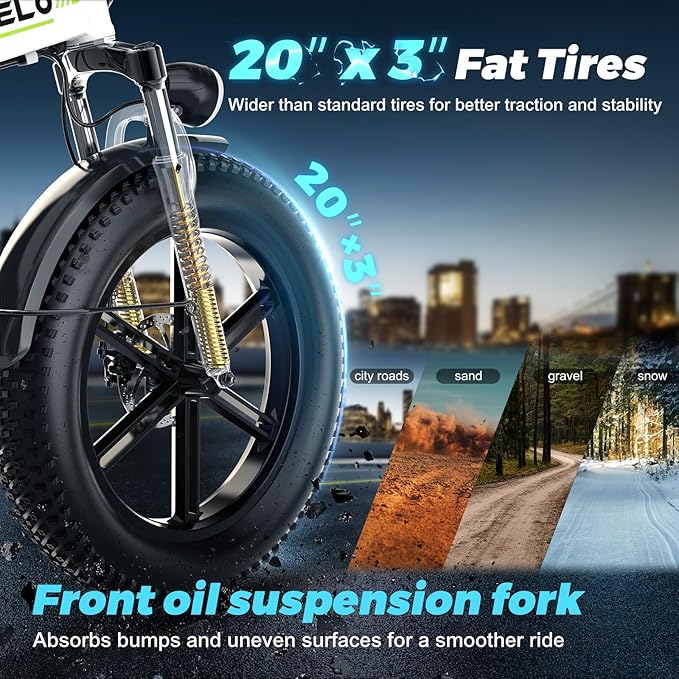 Aelith Folding Electric Bike for Adults – 1000W Motor, 20"x3" Fat Tire, 48V Removable Battery, All-Terrain E-Bike with 7-Speed, Front Suspension – Powerful Foldable Ebike for Commuter
