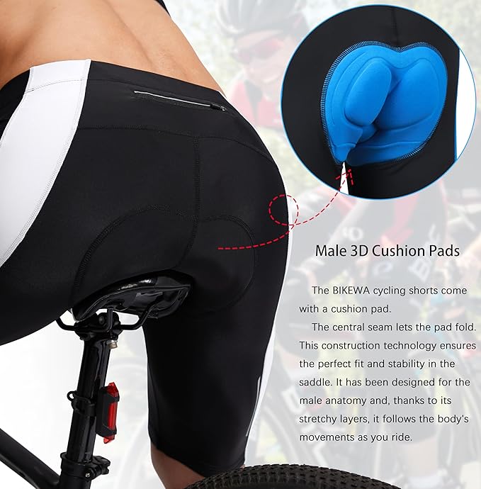 Bikewa Men's Bike Shorts 3D Padded Cycling Road Biking Mountain Riding Biker Bicycle UPF 50+ Cycle Shorts Zipper Pockets