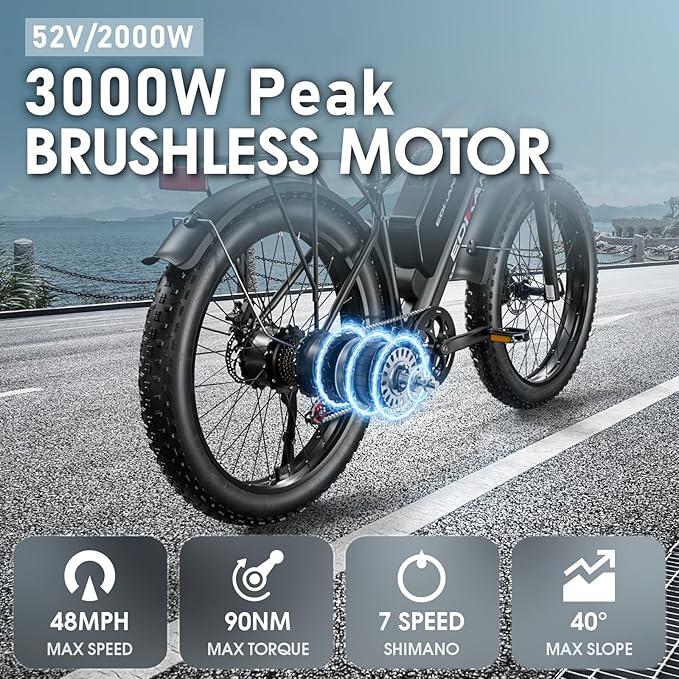 E Bikes for Adults Electric,51 MPH/48 MPH Fast Ebike Peak 5000W/3000W 32AH 52V 130 Miles Max, Dual Motor Electric Bike Fat Tire E Bike for Men, 26" Electric Bicycle for Snow Off-Road, Hydraulic Brakes