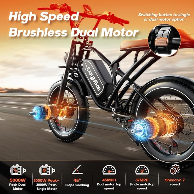 EUYBIKE Electric Bike for Adults, 2000W/3000W Peak Single/Double Motor with 48V/52V 25AH/30AH Battery, 20"x4.0" Fat Tires 35MPH/37MPH Ebike, Dual Hydraulic Disc Brake Full Suspension Electric Bicycle