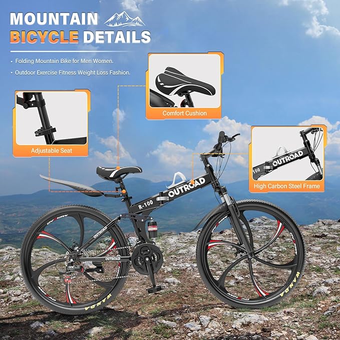 26 inch Folding Mountain Bike, Carbon Steel Frame and 21 Speed, Double Disc Brake and Dual Suspension Folding Bike for Adults/Men/Women, Easy Assembly Bicycle(Black/Green/Orange)