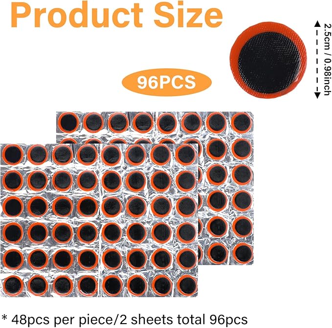 96 Pcs Ponches Frios para Bicicletas, Tire Patches for Bicycle Inner Tube Repair, 0.98 Inch Rubber Patch Kit, Emergency Road Cycling Tool