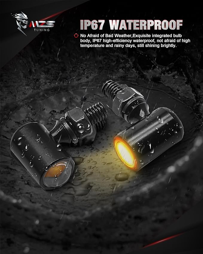 MZS Motorcycle Front LED Turn Signals, Amber Light Mini Brake Tail Light Blinkers, Minimalist Design, Universal 6mm Screw, Compatible with Most Family Motorcycles