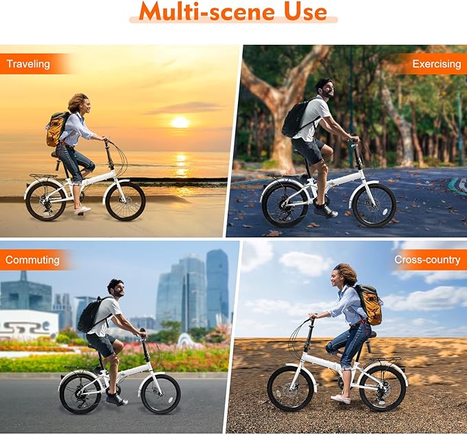 7 Speed Folding Bike, 20-Inch Foldable Bike Height Adjustable High Carbon Steel Frame Dual Disc Brakes Folding Bicycle for Adults Youth Men Women (White)…