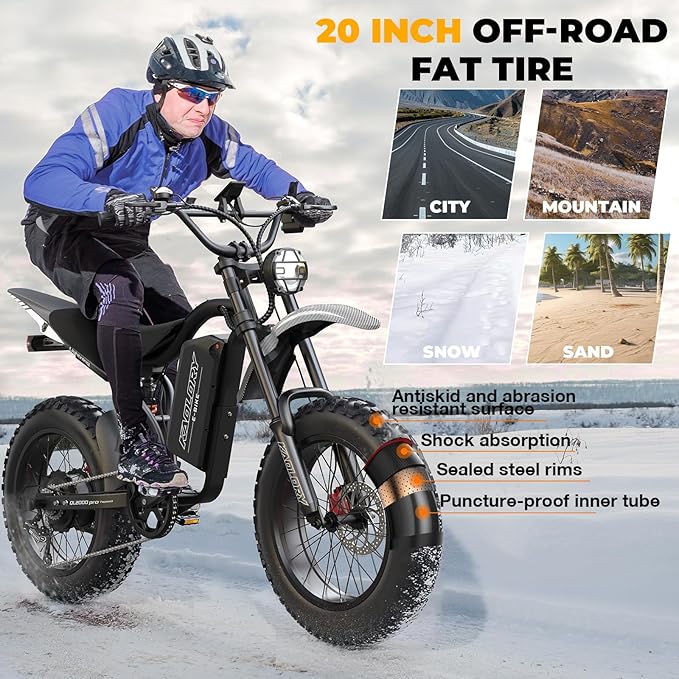 Electric Bike for Adults - Peak 3000W, 60V 32Ah Battery, 40MPH, 100 Miles Range, 20" Fat Tire Ebike with Hydraulic Brakes, Teens Electric Dirt Bike for Mountain, Snow, Sand, Commuter UL